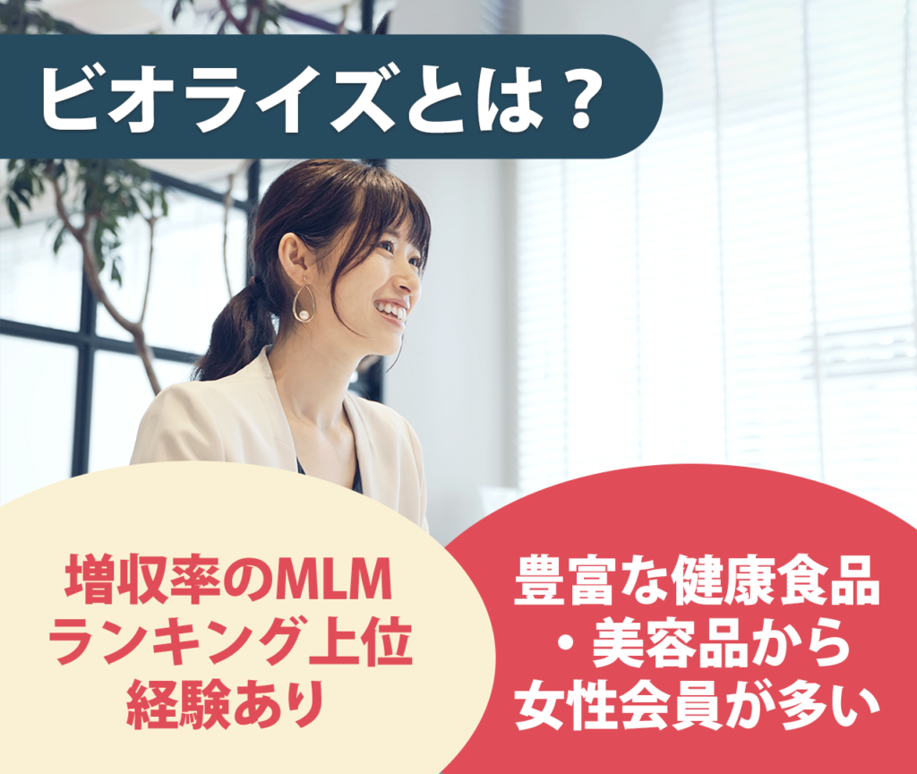 ビオライズとは？　増収率のMLMランキング上位になったこともある企業	　健康食品・美容品を豊富に扱っており女性会員が多い	